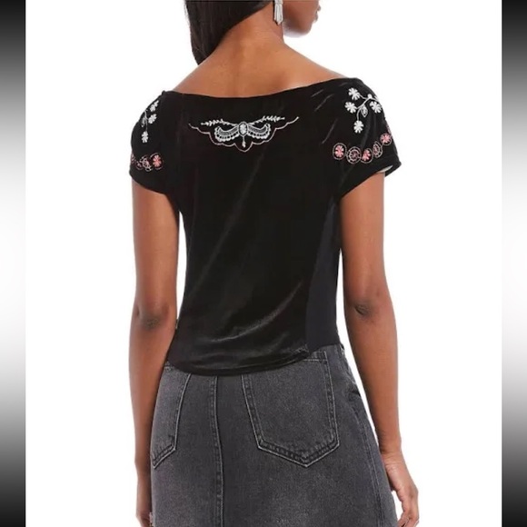 Free People “Party Train” Embroidered Velvet-Contrast Black Top, Size M - Picture 2 of 8